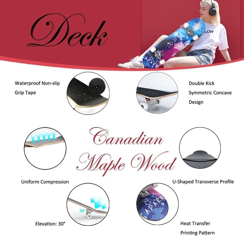 CAPARK Skateboards for Beginners Adults Youths Teens Kids Girls Boys 31 Inch Pro Complete Skate Boards 7 Layer Canadian Maple Double Kick Concave Longboards - Image 3